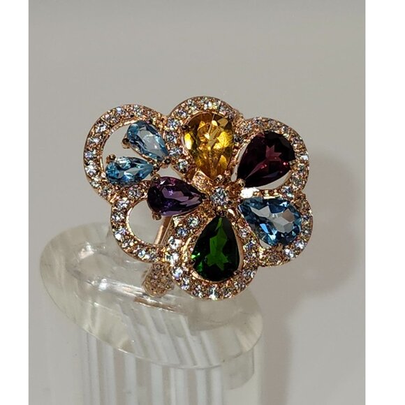 .925 Sterling Silver/Rose Gold Amethyst/Garnet/Citrine/Topaz/Diopside Ring Sz 8 - Picture 3 of 8